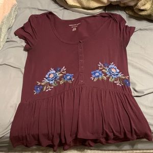 American eagle soft and sexy maroon flowery shirt, ruffles at the bottom
